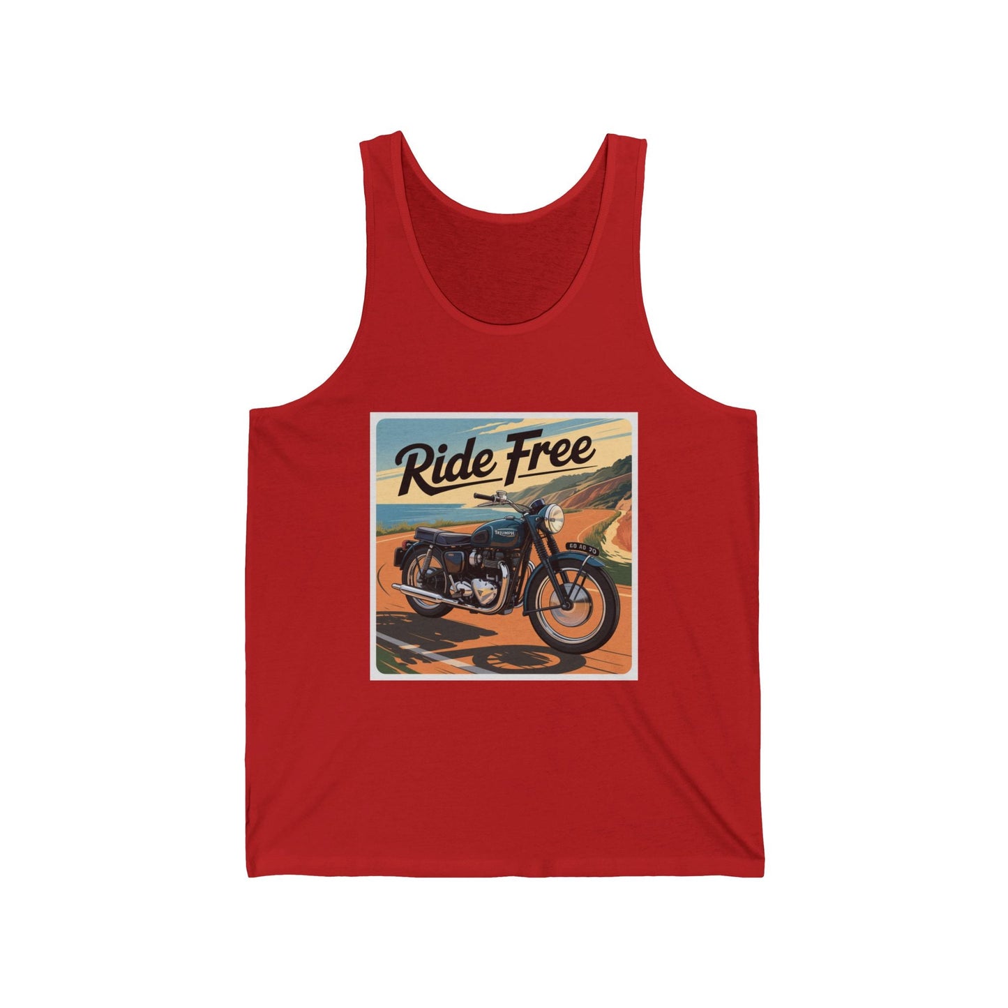 Ride Free Unisex Jersey Tank - Vintage Motorcycle Graphic Tee, Summer Attire, Gift for Bikers, Casual Wear, Outdoor Adventures