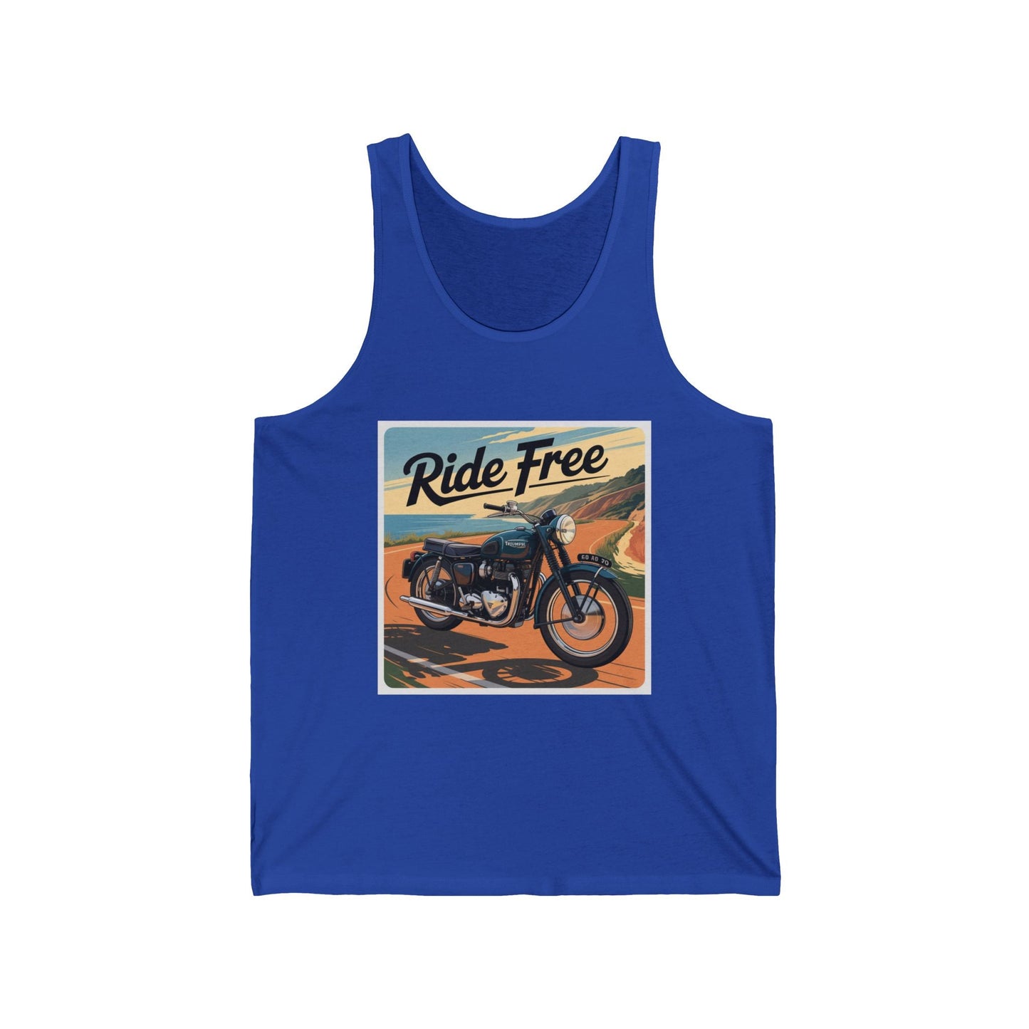 Ride Free Unisex Jersey Tank - Vintage Motorcycle Graphic Tee, Summer Attire, Gift for Bikers, Casual Wear, Outdoor Adventures